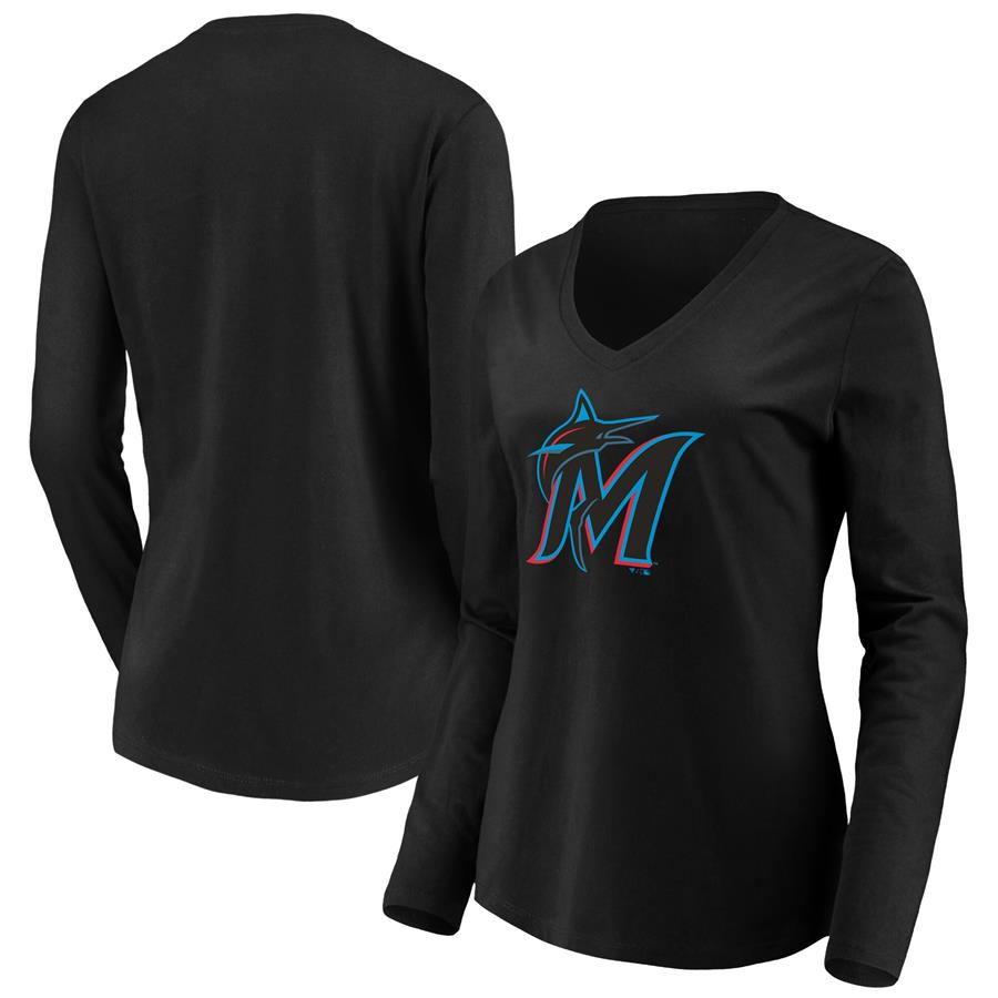 Miami Marlins Fanatics Branded Women's Official Logo Long Sleeve V-Neck T-Shirt - Black