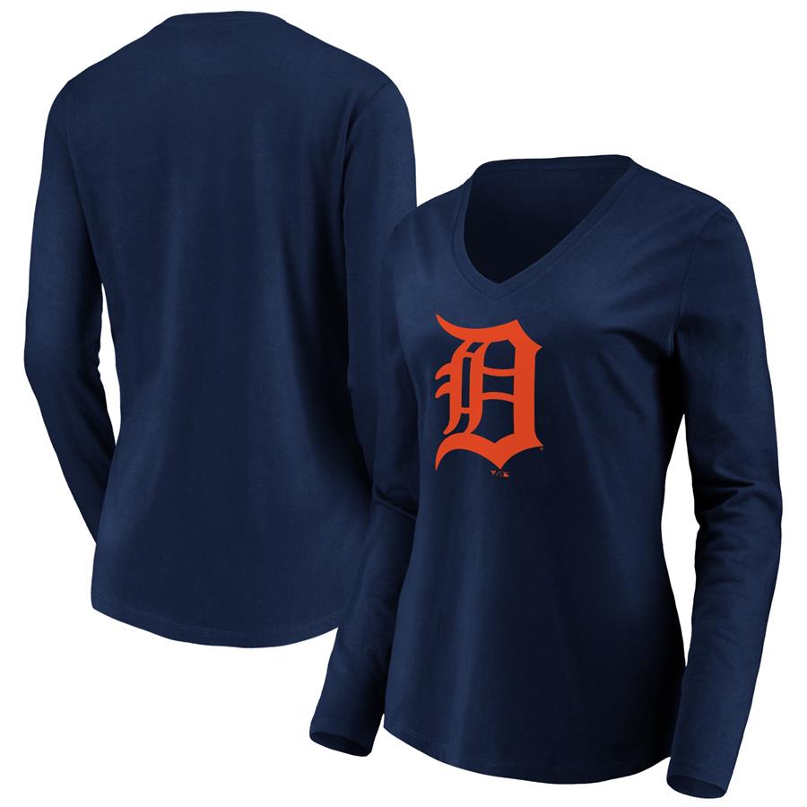 Detroit Tigers Fanatics Branded Women's Official Logo Long Sleeve V-Neck T-Shirt - Navy
