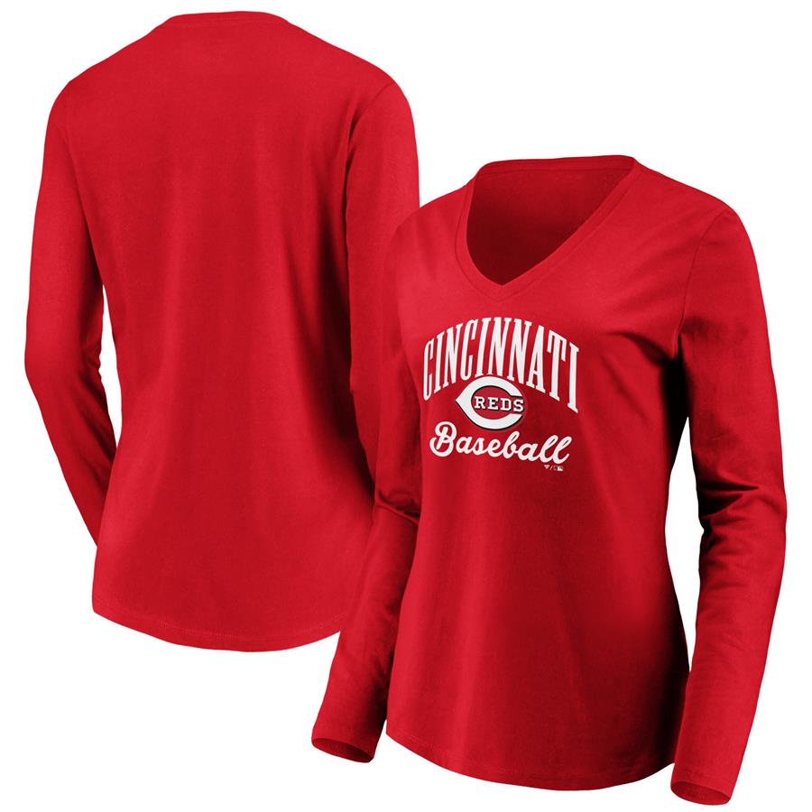 Cincinnati Reds Fanatics Branded Women's Victory Script V-Neck Long Sleeve T-Shirt - Red