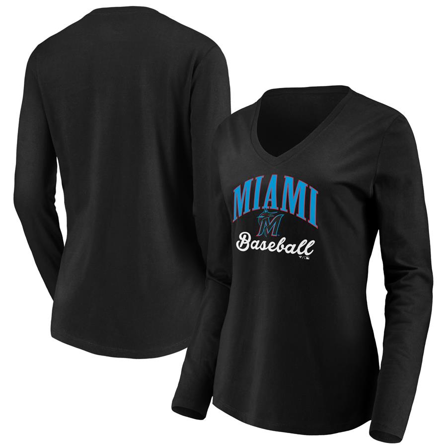 Miami Marlins Fanatics Branded Women's Victory Script V-Neck Long Sleeve T-Shirt - Black