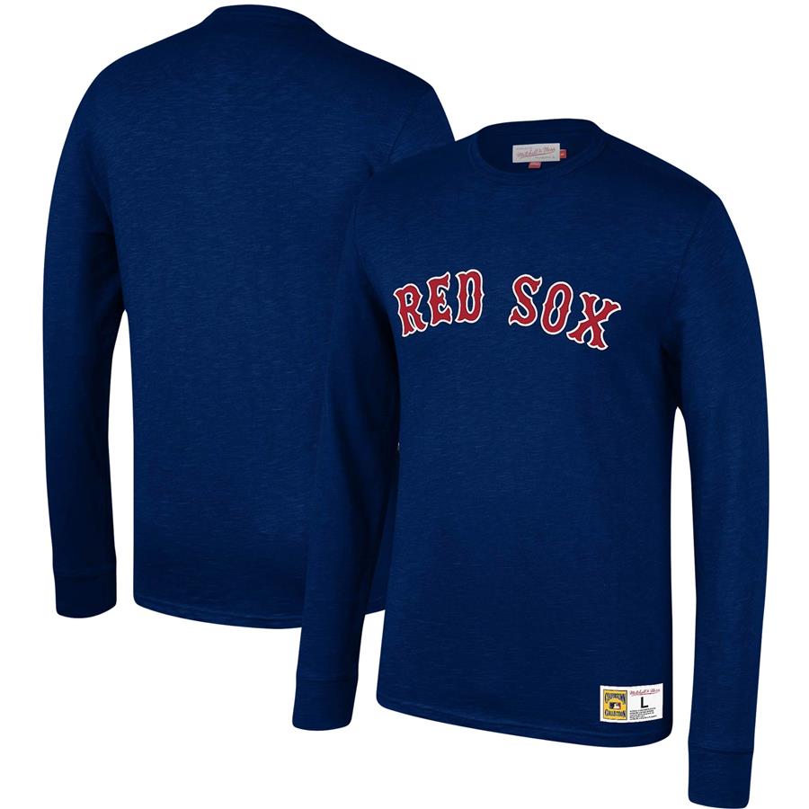 Boston Red Sox Mitchell & Ness Cooperstown Collection Wordmark Slub Long Sleeve T-Shirt - Navy