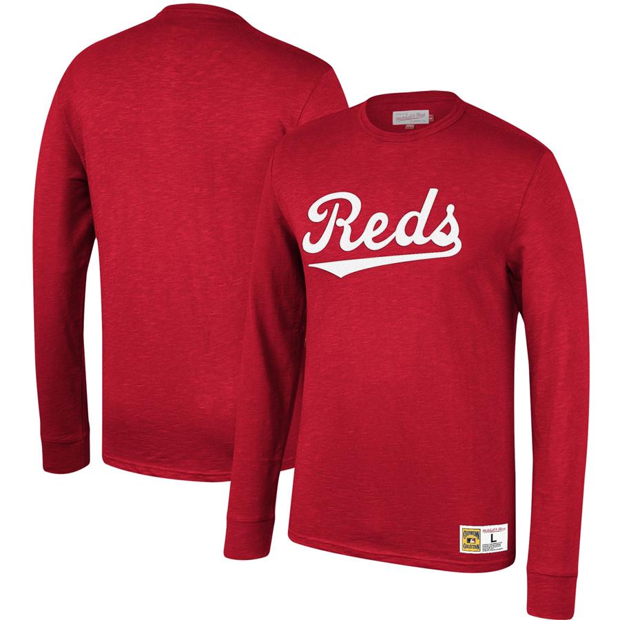 Cincinnati Reds Mitchell & Ness Cooperstown Collection Wordmark Slub Long Sleeve T-Shirt - Red