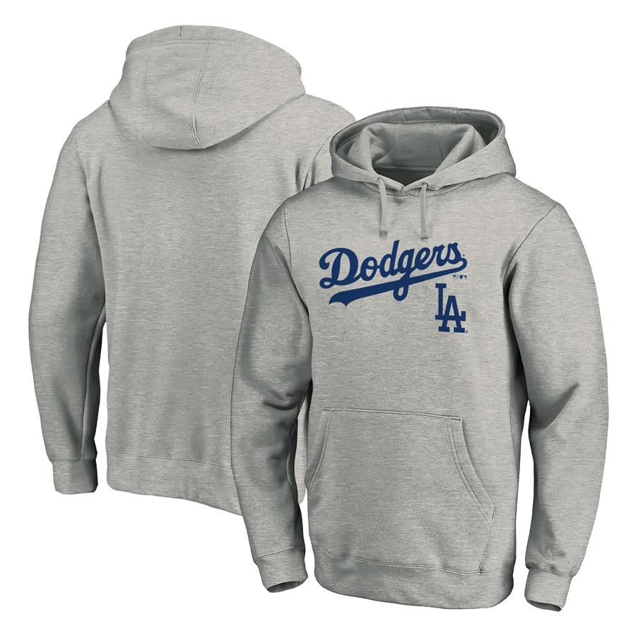 Los Angeles Dodgers Fanatics Branded Team Logo Lockup Pullover Hoodie - Heathered Gray