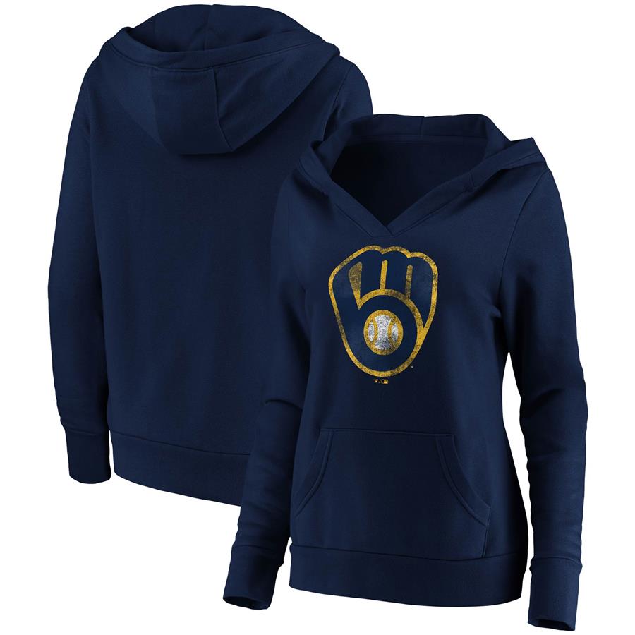 Milwaukee Brewers Fanatics Branded Women's Core Team Crossover V-Neck Pullover Hoodie - Navy