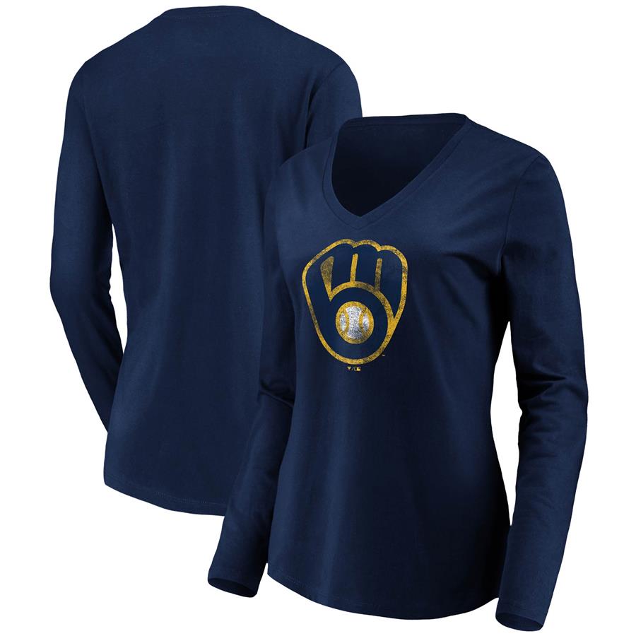 Milwaukee Brewers Fanatics Branded Women's Core Team Long Sleeve V-Neck T-Shirt - Navy