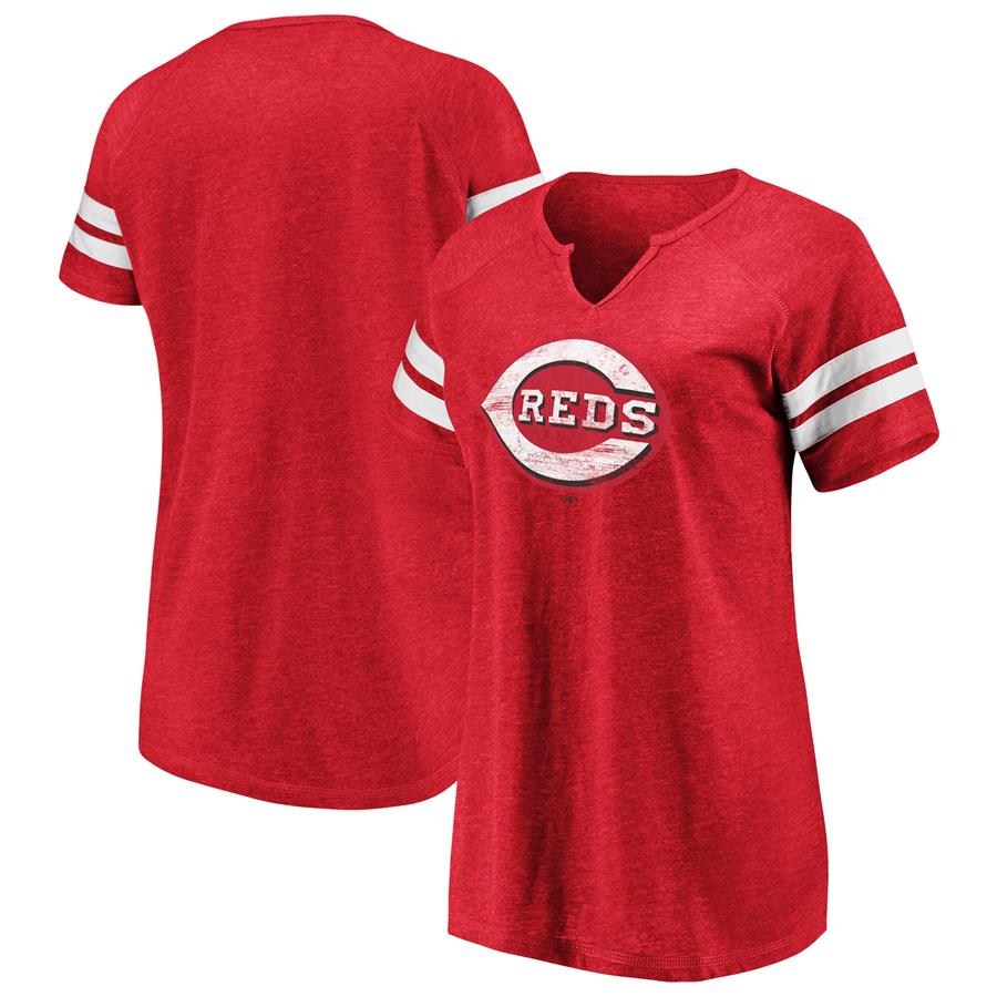 Cincinnati Reds Fanatics Branded Women's Weathered Official Logo Tri-Blend Notch Neck T-Shirt - Red