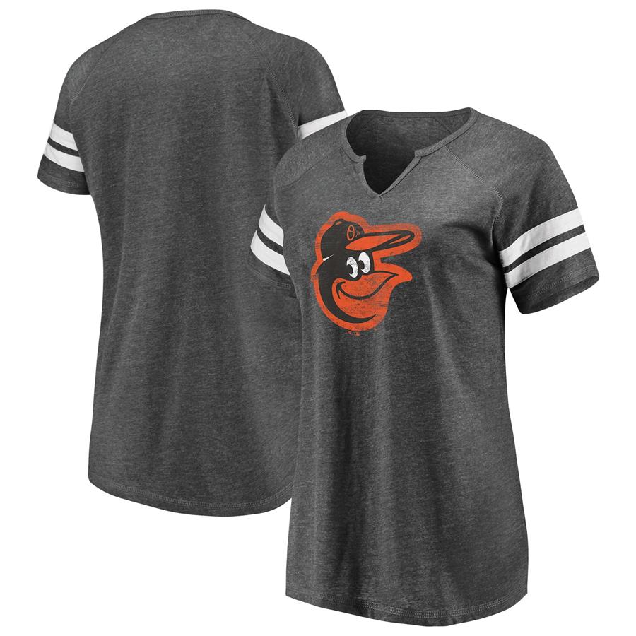 Baltimore Orioles Fanatics Branded Women's Weathered Official Logo Tri-Blend Notch Neck T-Shirt - Charcoal