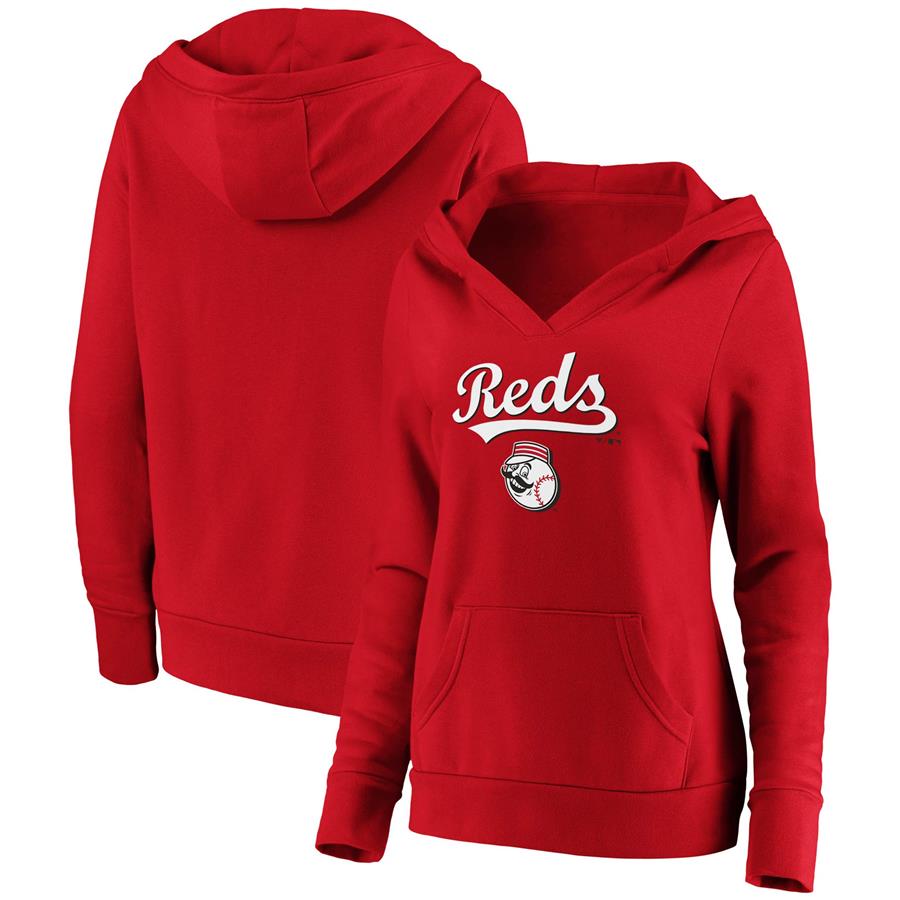 Cincinnati Reds Fanatics Branded Women's Core Team Lockup V-Neck Pullover Hoodie - Red