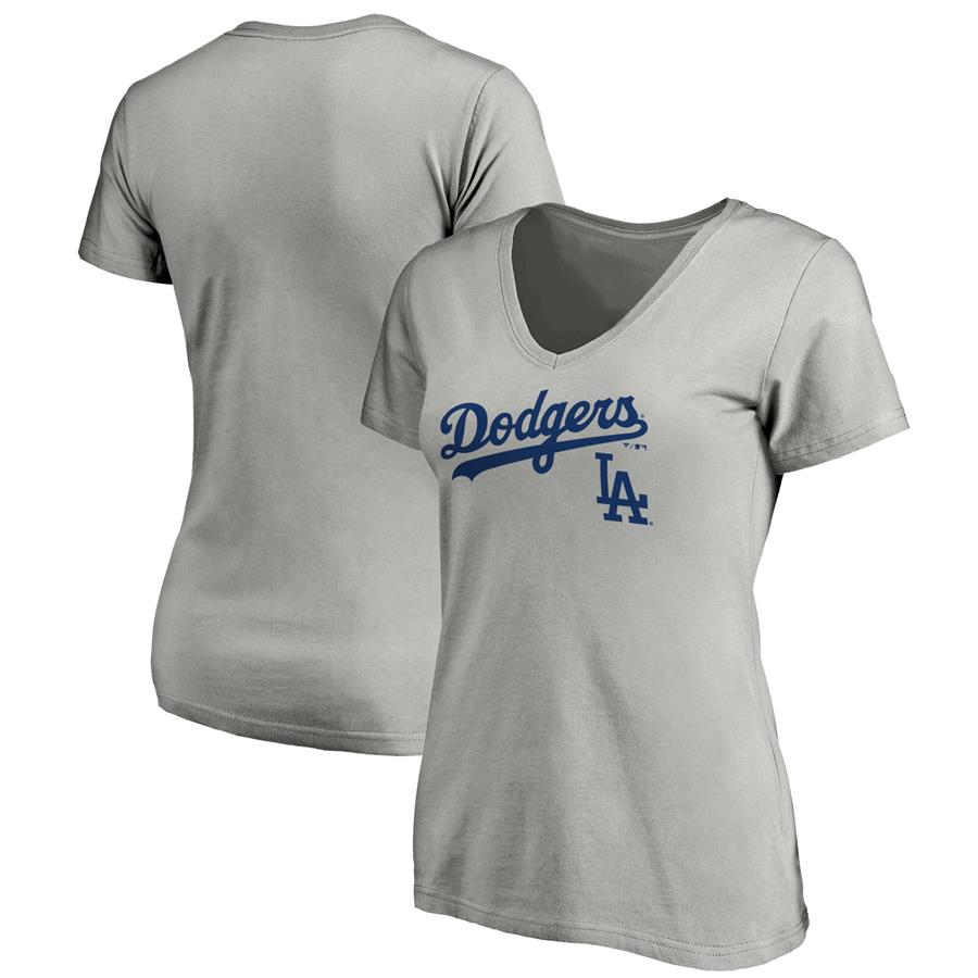 Los Angeles Dodgers Fanatics Branded Women's Team Logo Lockup V-Neck T-Shirt - Heathered Gray