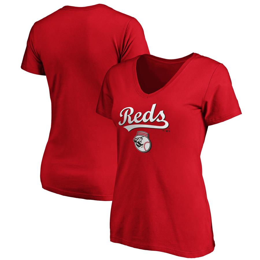 Cincinnati Reds Fanatics Branded Women's Team Logo Lockup V-Neck T-Shirt - Red