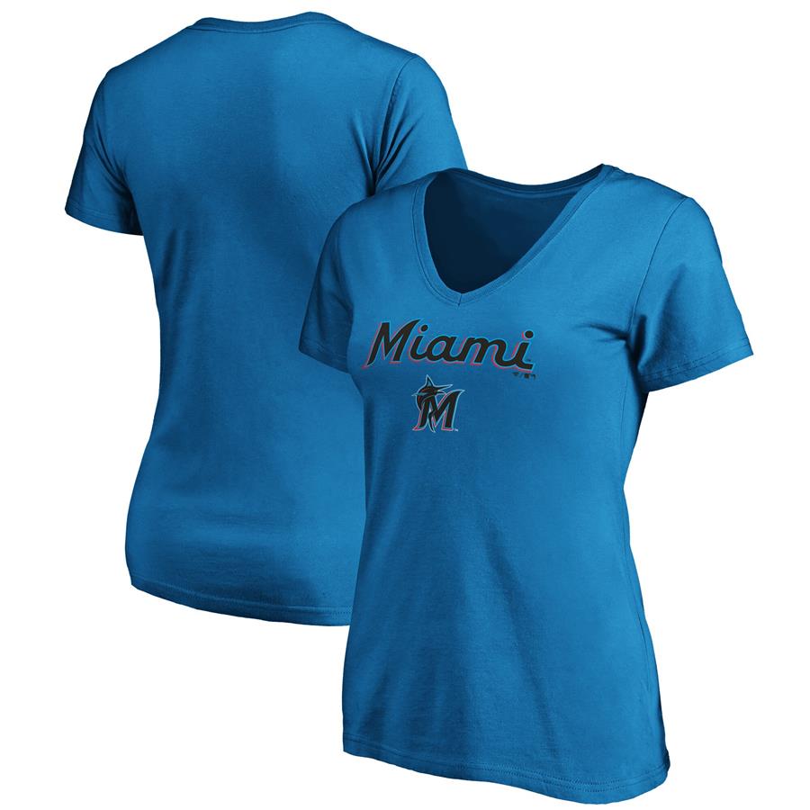Miami Marlins Fanatics Branded Women's Team Logo Lockup V-Neck T-Shirt - Blue