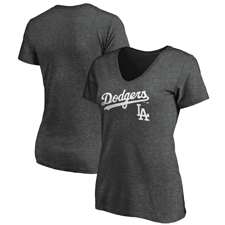 Los Angeles Dodgers Fanatics Branded Women's Team Logo Lockup V-Neck T-Shirt - Heathered Charcoal