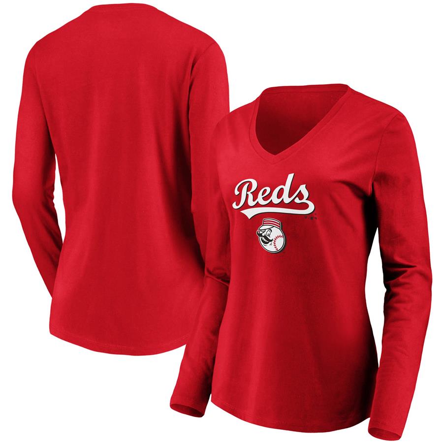 Cincinnati Reds Fanatics Branded Women's Core Team Lockup Long Sleeve V-Neck T-Shirt - Red