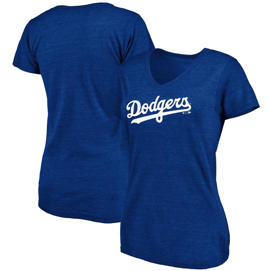 Los Angeles Dodgers Fanatics Branded Women's Wordmark Tri-Blend V-Neck T-Shirt - Heathered Royal