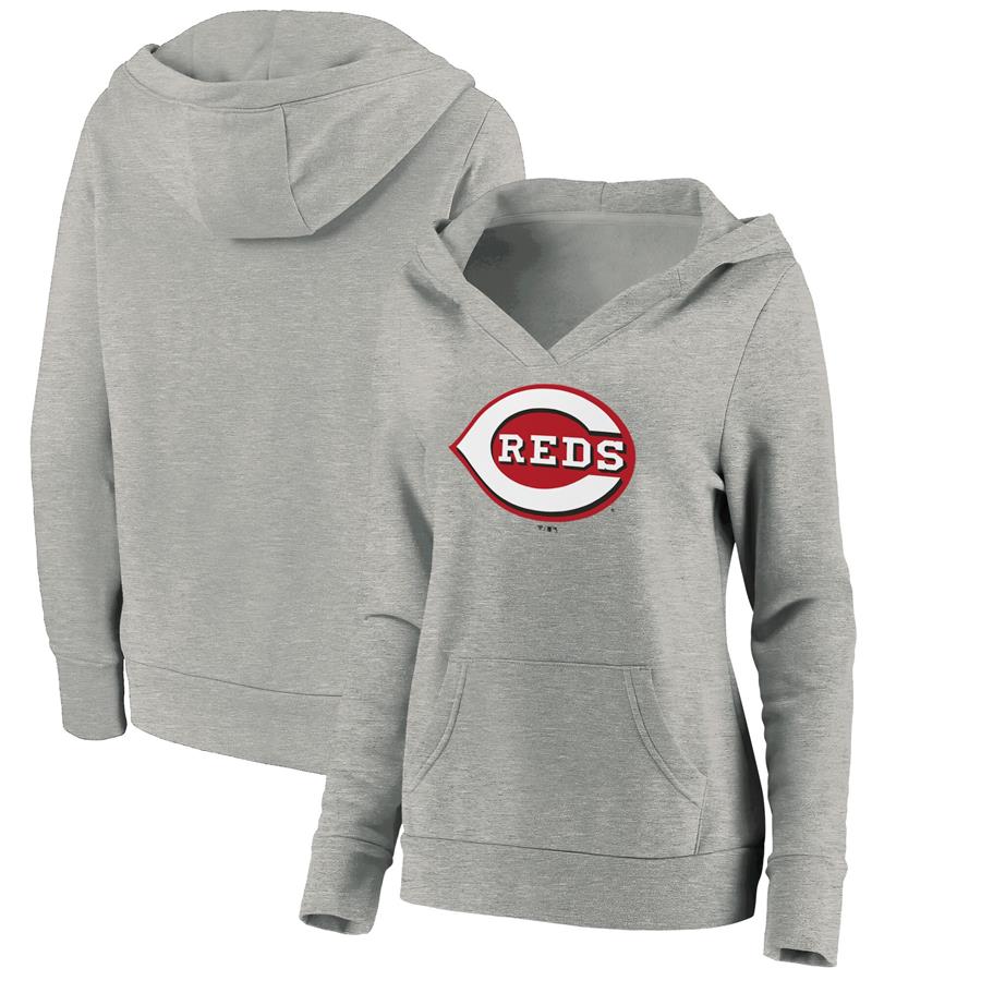 Cincinnati Reds Fanatics Branded Women's Official Logo V-Neck Pullover Hoodie - Heathered Gray