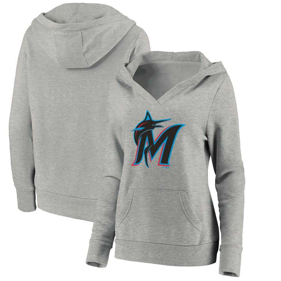 Miami Marlins Fanatics Branded Women's Official Logo V-Neck Pullover Hoodie - Heathered Gray