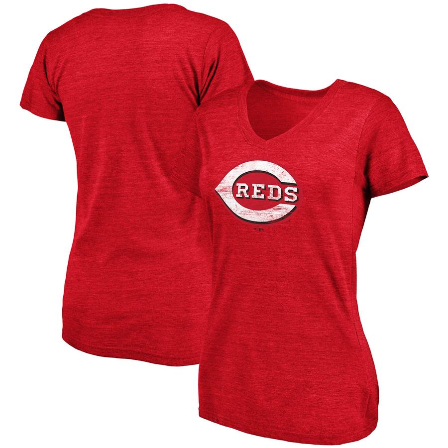 Cincinnati Reds Fanatics Branded Women's Core Weathered Tri-Blend V-Neck T-Shirt - Heathered Red