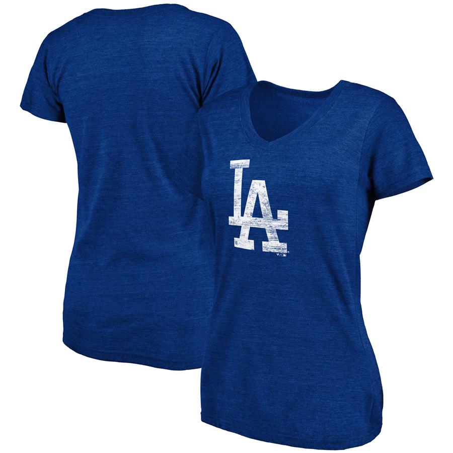 Los Angeles Dodgers Fanatics Branded Women's Core Weathered Tri-Blend V-Neck T-Shirt - Heathered Royal