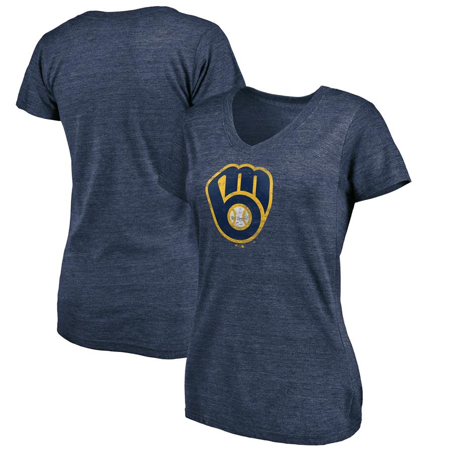 Milwaukee Brewers Fanatics Branded Women's Core Weathered Tri-Blend V-Neck T-Shirt - Heathered Navy