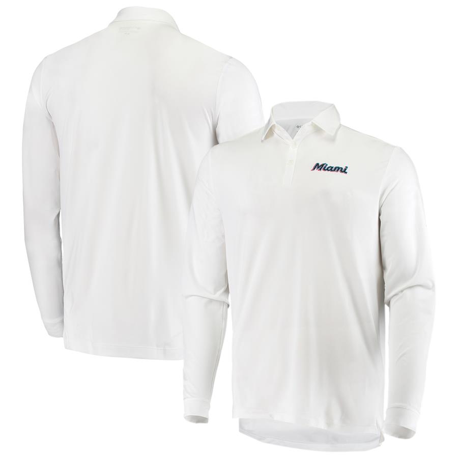 Miami Marlins Columbia Omni-Wick High Long Sleeve Polo - White