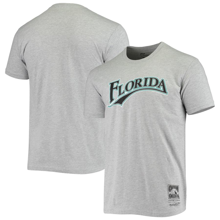 Miami Marlins Mitchell & Ness Cooperstown Collection Wordmark T-Shirt - Gray