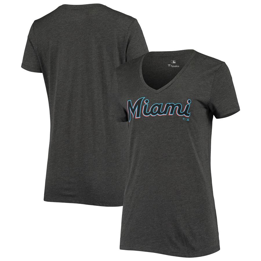 Miami Marlins Fanatics Branded Women's Official Wordmark Tri-Blend V-Neck T-Shirt - Heathered Charcoal