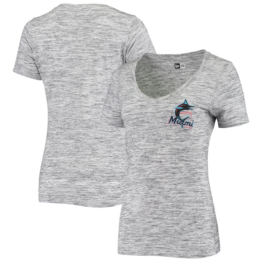 Miami Marlins 5th & Ocean by New Era Women's Space Dye V-Neck T-Shirt - Gray