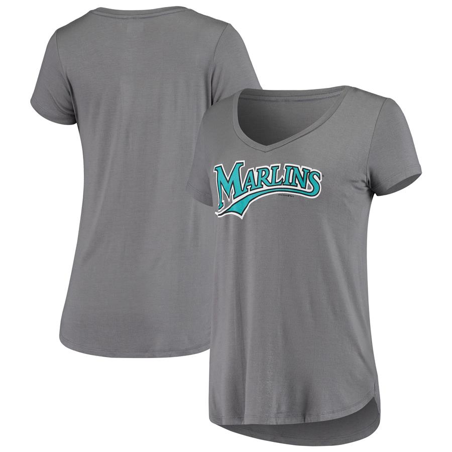 Miami Marlins 5th & Ocean by New Era Women's Throwback Wordmark V-Neck T-Shirt - Gray