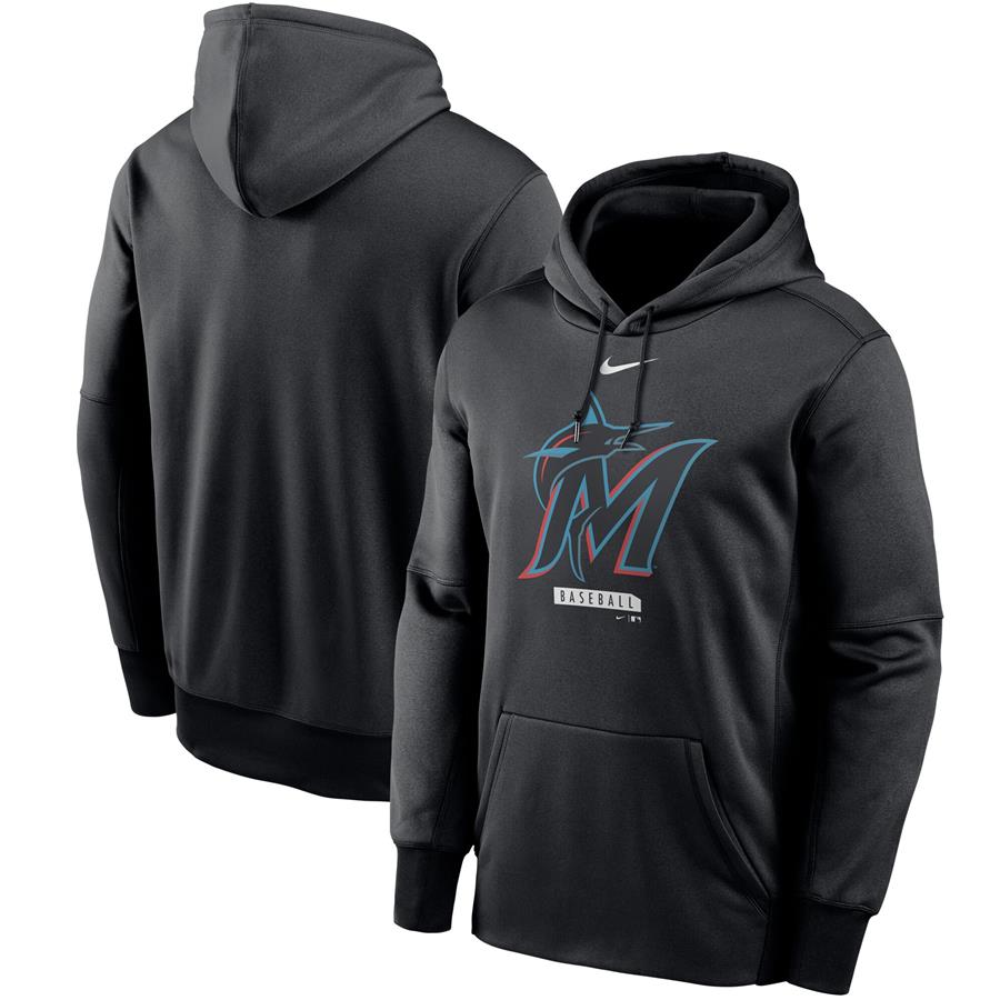Miami Marlins Nike Logo Therma Performance Pullover Hoodie - Black