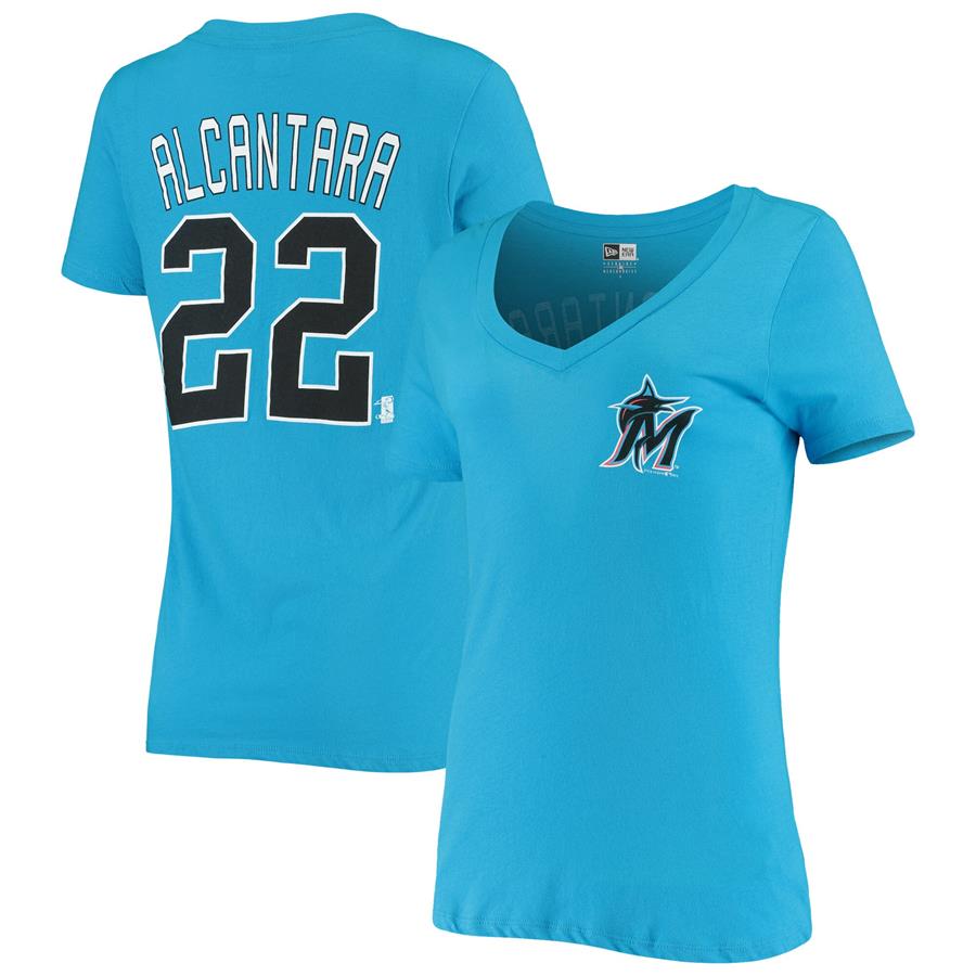 Sandy Alcantara Miami Marlins 5th & Ocean by New Era Women's Name and Number V-Neck T-Shirt Blue
