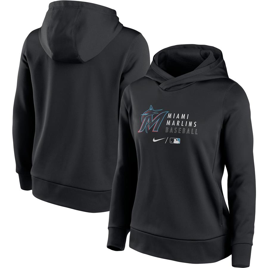 Miami Marlins Nike Women's Authentic Collection Fleece Performance Pullover Hoodie - Black