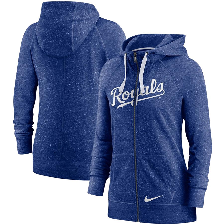 Kansas City Royals Nike Women's Wordmark Gym Vintage Raglan Full-Zip Hoodie - Heathered Royal