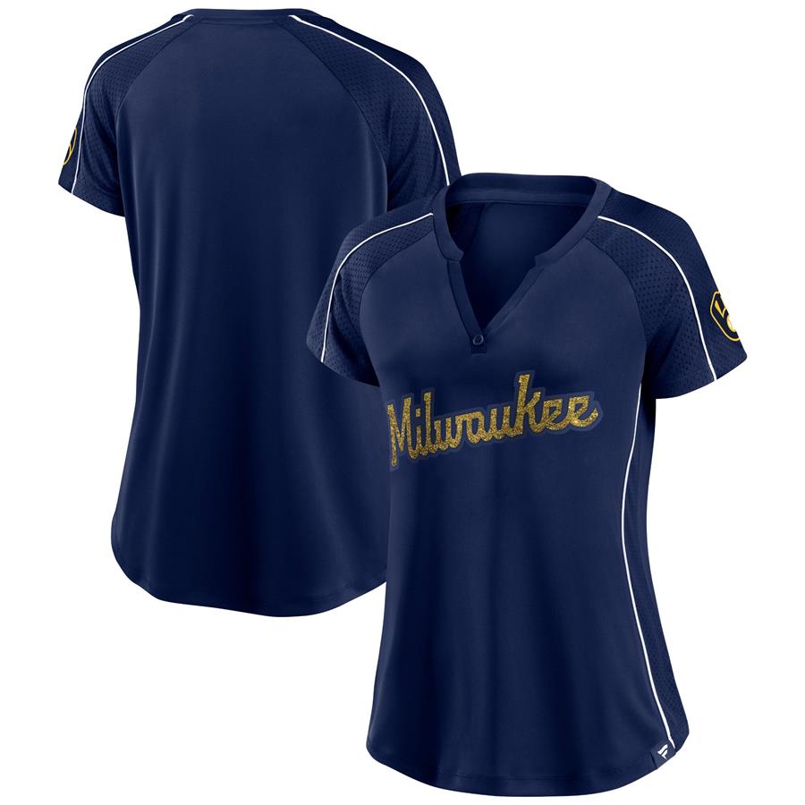 Milwaukee Brewers Fanatics Branded Women's Lineup League Diva Raglan Notch Neck T-Shirt - Navy