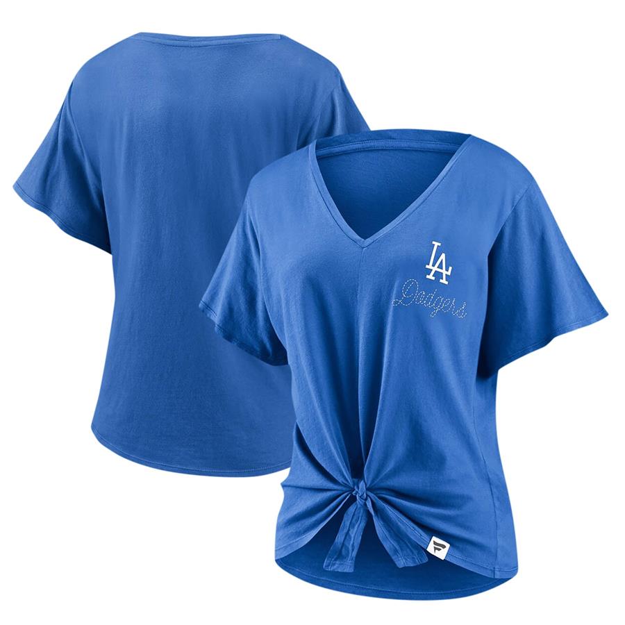 Los Angeles Dodgers Fanatics Branded Women's Sport Resort Script Washed Tie Front V-Neck T-Shirt - Royal