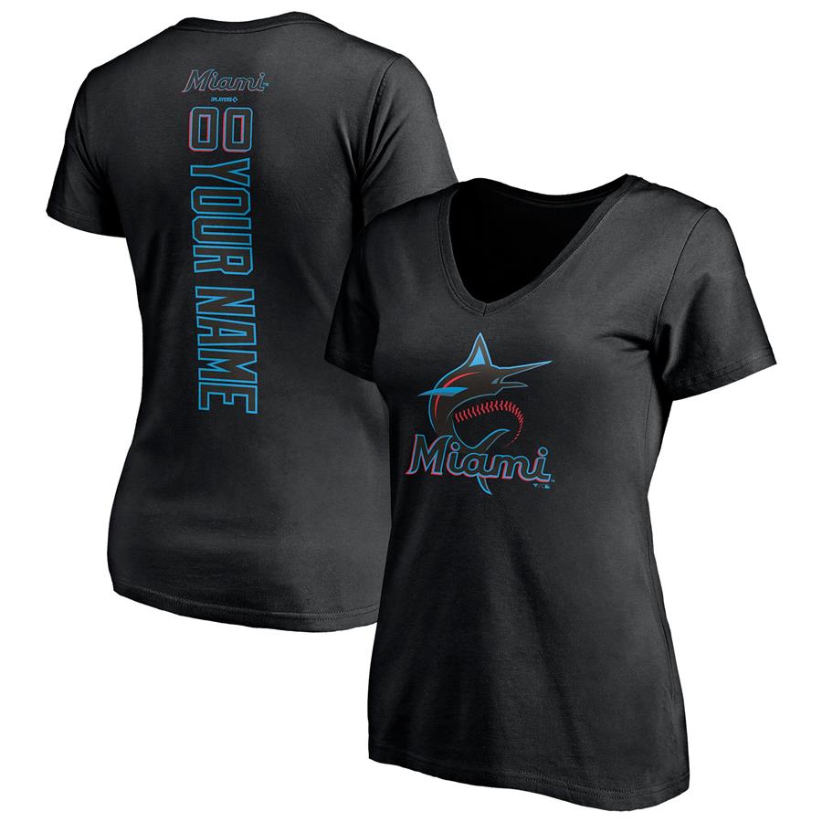 Miami Marlins Fanatics Branded Women's Personalized Playmaker Name & Number V-Neck T-Shirt - Black