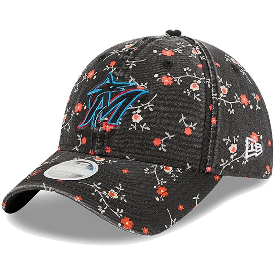 Miami Marlins New Era Women's Team Blossom 9TWENTY Adjustable Hat - Black