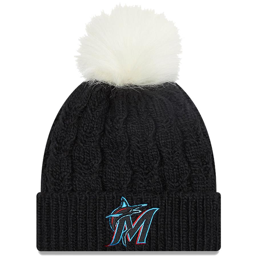 Miami Marlins New Era Women's Flurry Cuffed Knit Hat with Pom - Black