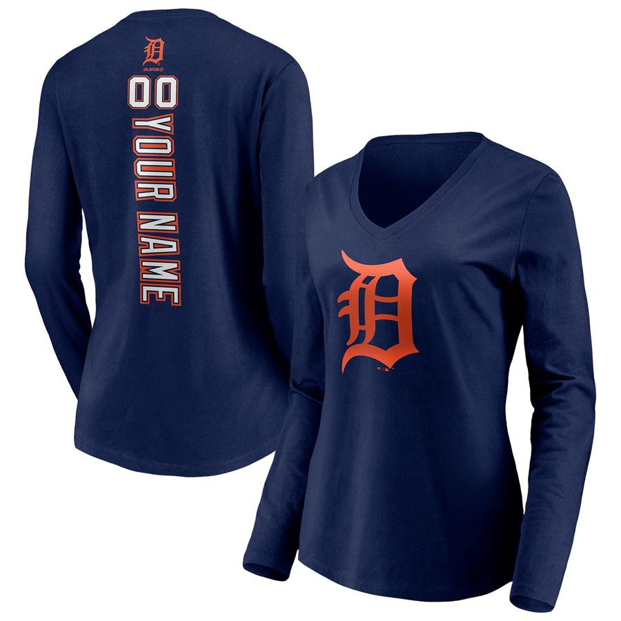 Detroit Tigers Fanatics Branded Women's Personalized Playmaker Logo Name & Number Long Sleeve V-Neck T-Shirt - Navy