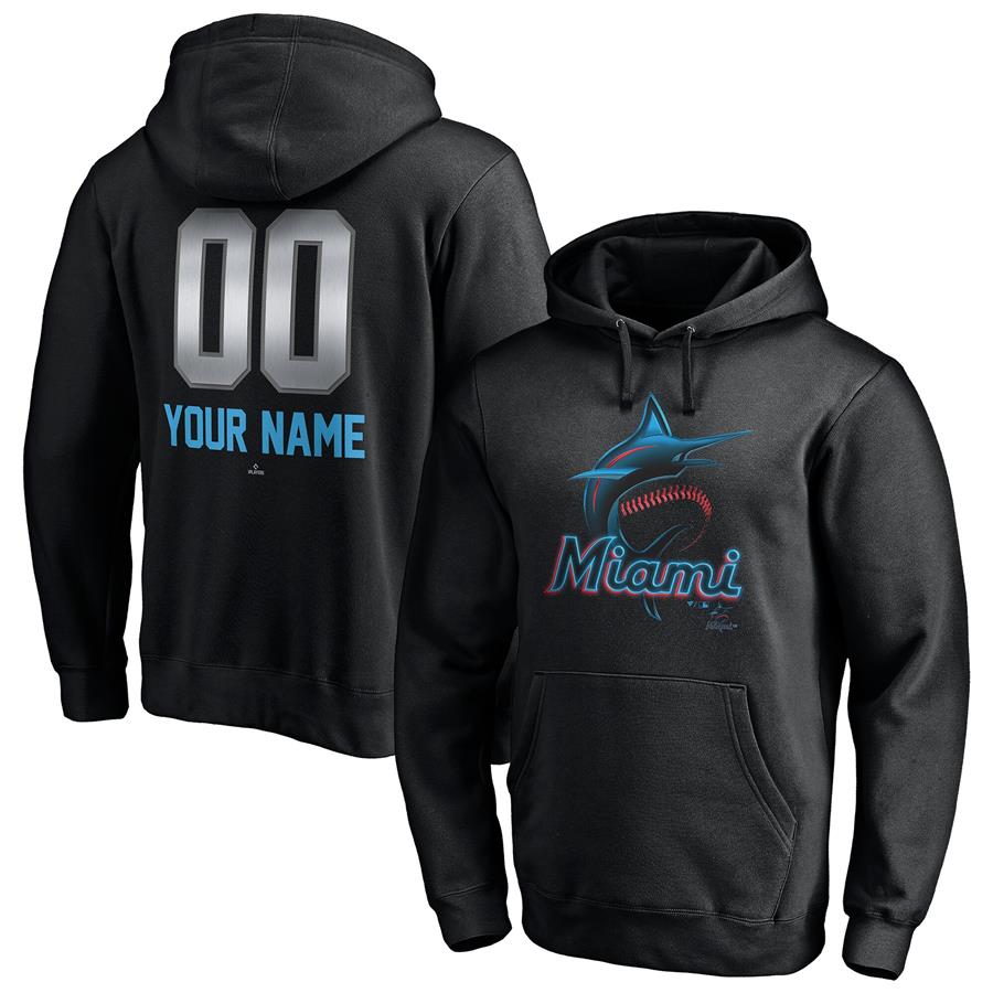Miami Marlins Fanatics Branded Personalized Any Name & Number Midnight Mascot Pullover Hoodie - Black