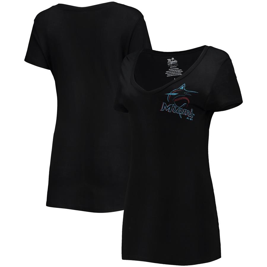 Miami Marlins Majestic Threads Women's Bamboo V-Neck T-Shirt - Black