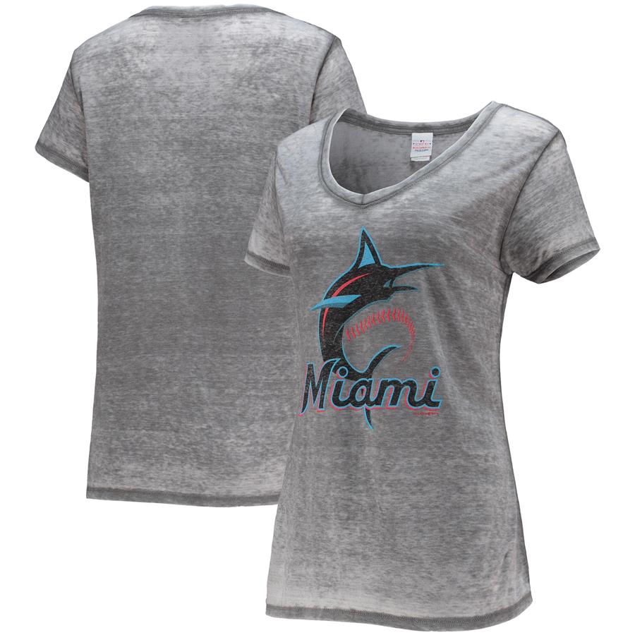 Miami Marlins 5th & Ocean by New Era Women's Burnout V-Neck T-Shirt - Gray