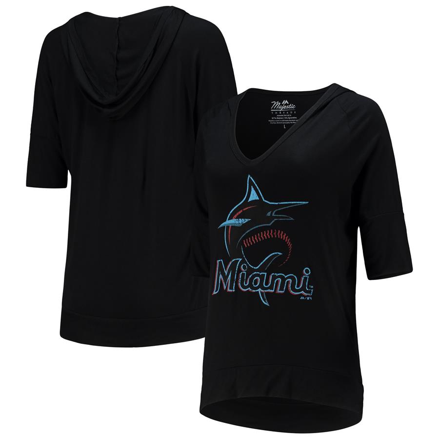 Miami Marlins Majestic Threads Women's Elbow Sleeve V-Neck Pullover Hoodie - Black