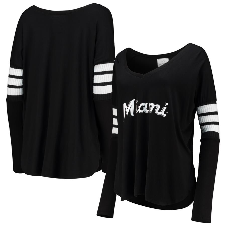 Miami Marlins Tiny Turnip Women's Jalynne Jersey Tri-Blend Long Sleeve V-Neck T-Shirt - Black