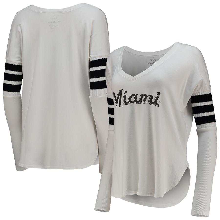 Miami Marlins Tiny Turnip Women's Jalynne Jersey Tri-Blend Long Sleeve V-Neck T-Shirt - White