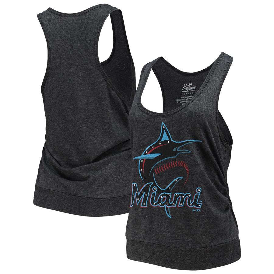 Miami Marlins Majestic Threads Women's Ruched Tri-Blend Scoop-Neck Racerback Tank Top - Black