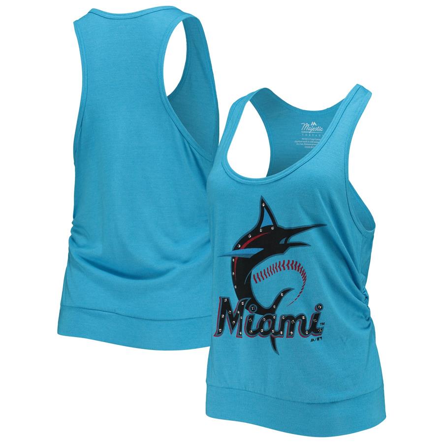 Miami Marlins Majestic Threads Women's Ruched Tri-Blend Scoop-Neck Racerback Tank Top - Blue