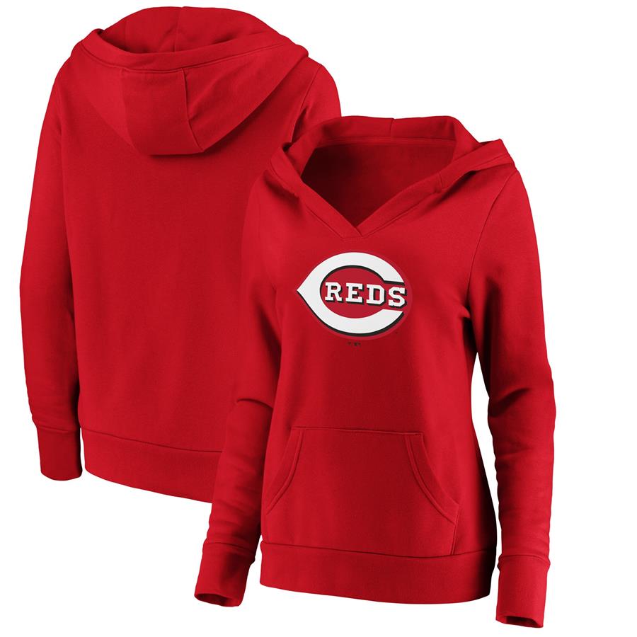 Cincinnati Reds Fanatics Branded Women's Official Logo V-Neck Pullover Hoodie - Red