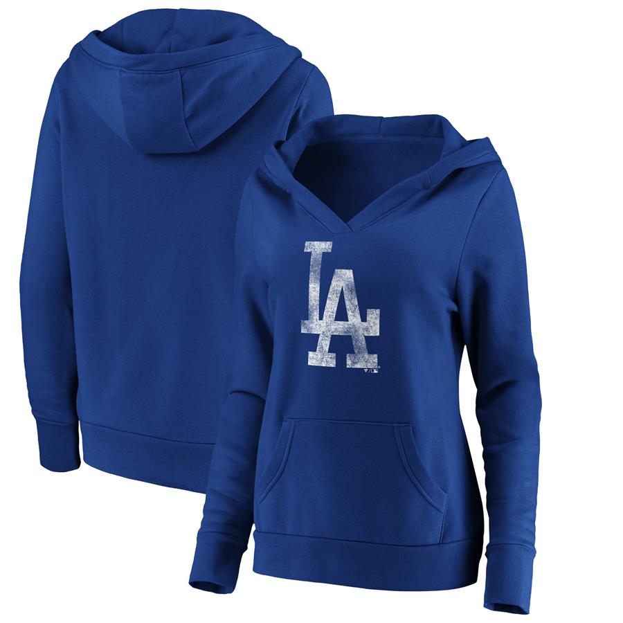 Los Angeles Dodgers Fanatics Branded Women's Distressed Team V-Neck Pullover Hoodie - Royal