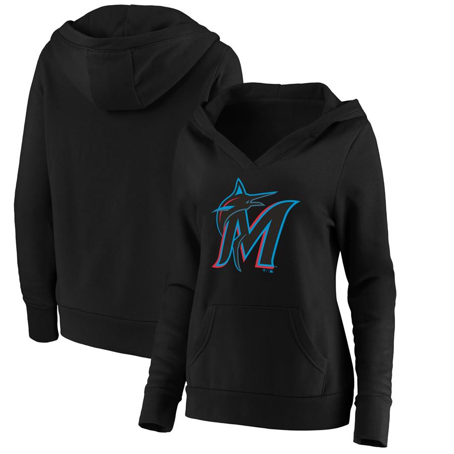 Miami Marlins Fanatics Branded Women's Official Logo V-Neck Pullover Hoodie - Black