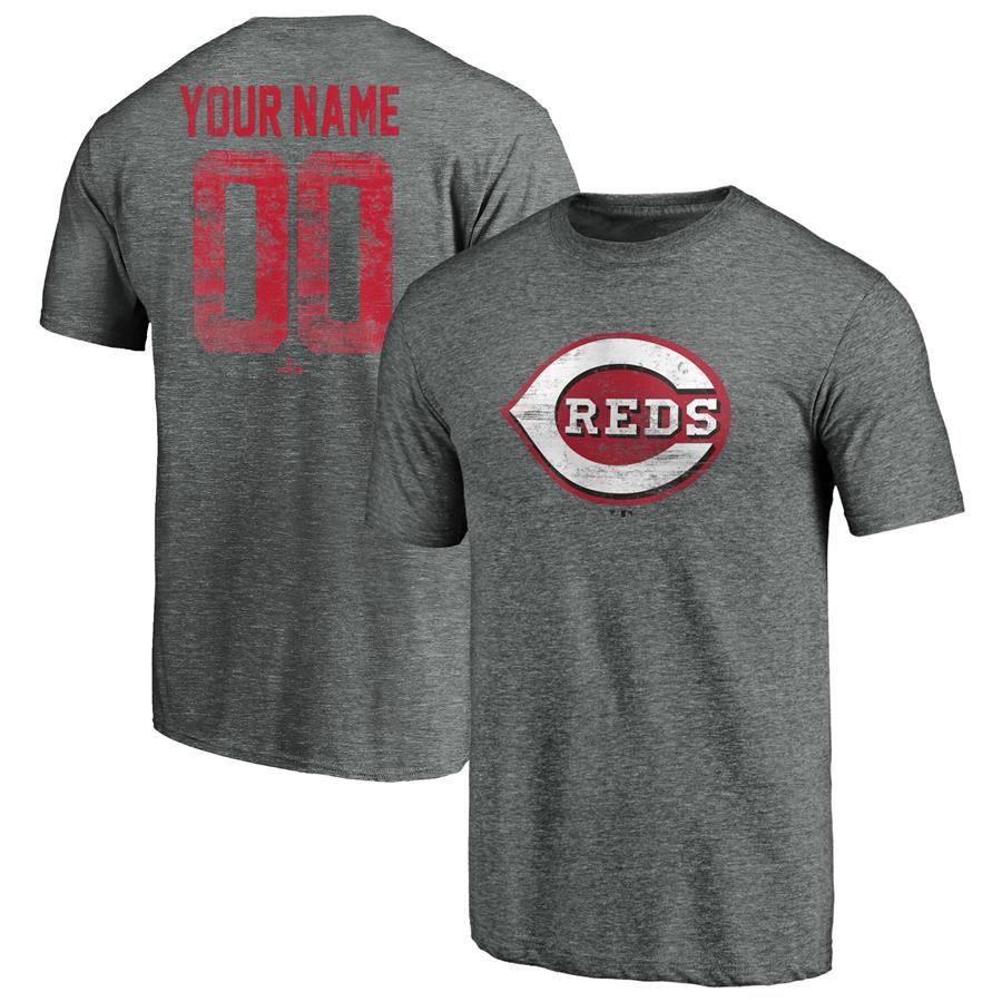 Cincinnati Reds Fanatics Branded Personalized Heritage Tri-Blend T-Shirt - Heathered Gray